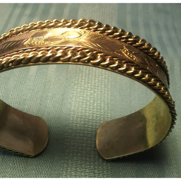 Etched Brass Cuff Bracelet Wide Boho Statement Cuff with Chain Border Vintage - Picture 2 of 11